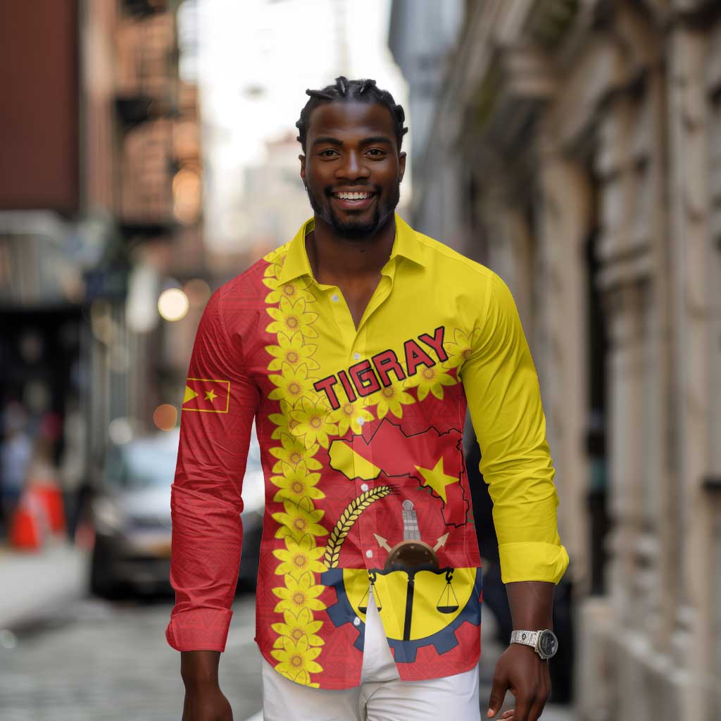 Tigray Ethiopia Long Sleeve Button Shirt Tigray Seal With Flag Map - African Pattern