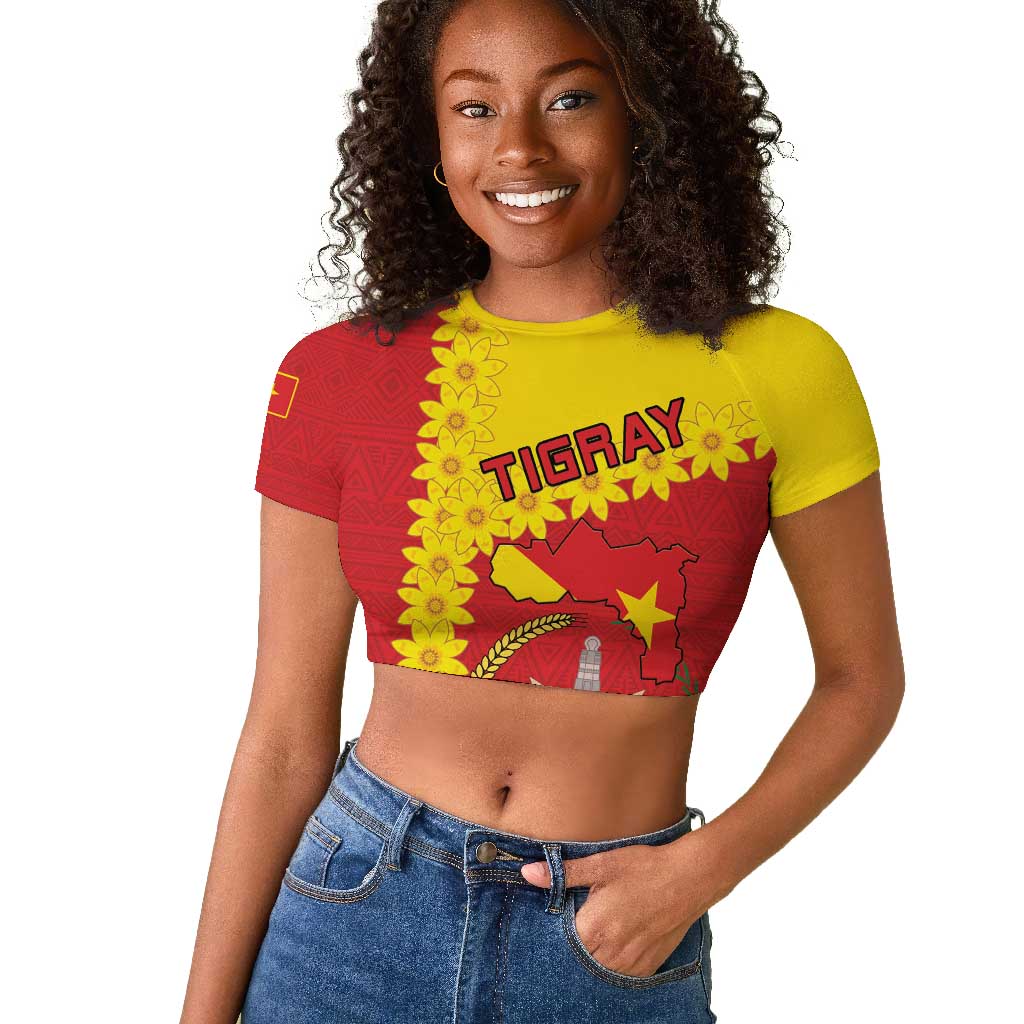 Tigray Ethiopia Raglan Cropped T shirt Tigray Seal With Flag Map - African Pattern