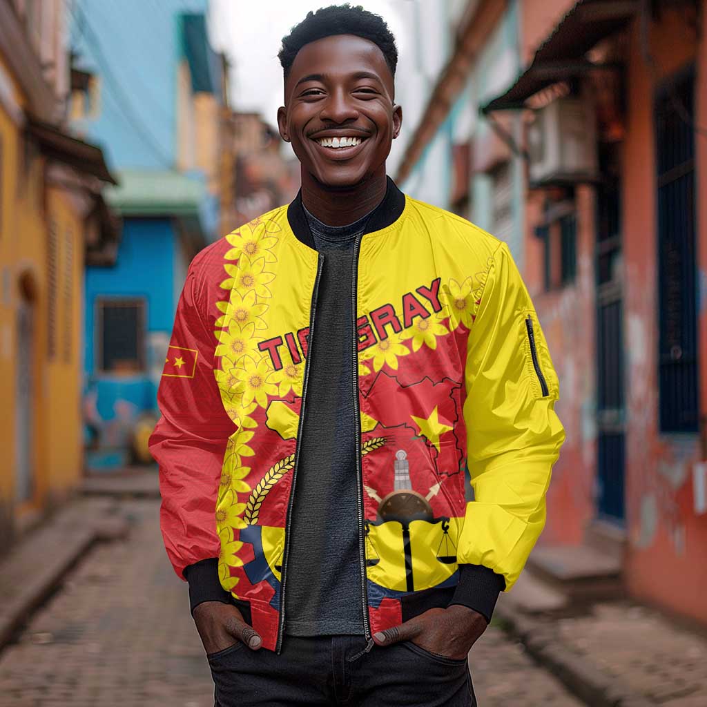 Tigray Ethiopia Sleeve Zip Bomber Jacket Tigray Seal With Flag Map - African Pattern