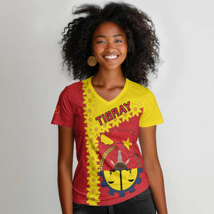 Tigray Ethiopia Women V-Neck T-Shirt Tigray Seal With Flag Map - African Pattern