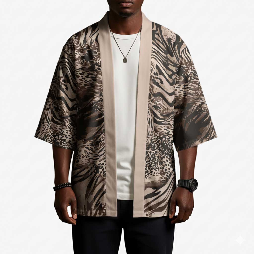 African Safari Zebra Leopard Swirl Pattern Kimono