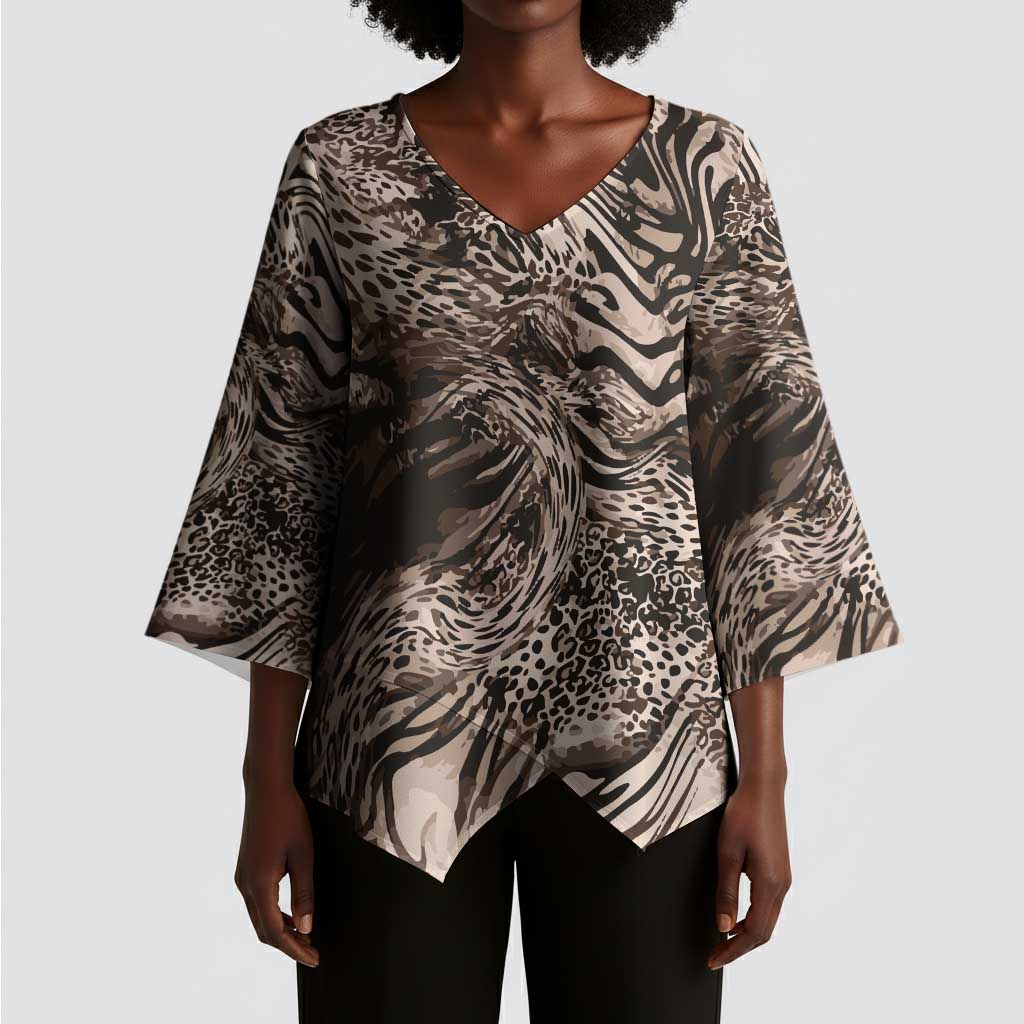 African Safari Zebra Leopard Swirl Pattern Kimono Sleeve Blouse