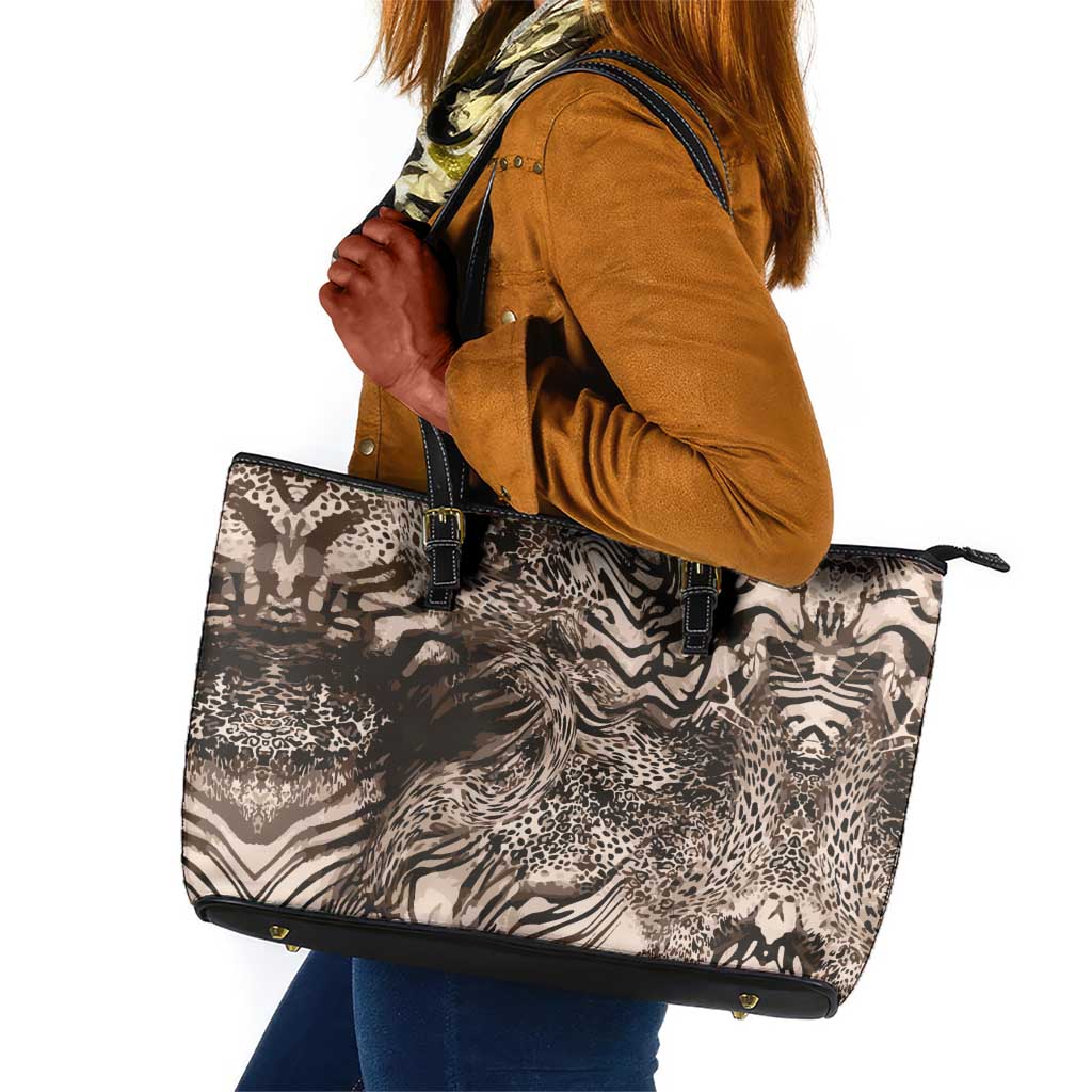 African Safari Zebra Leopard Swirl Pattern Leather Tote Bag