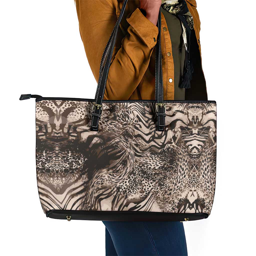 African Safari Zebra Leopard Swirl Pattern Leather Tote Bag