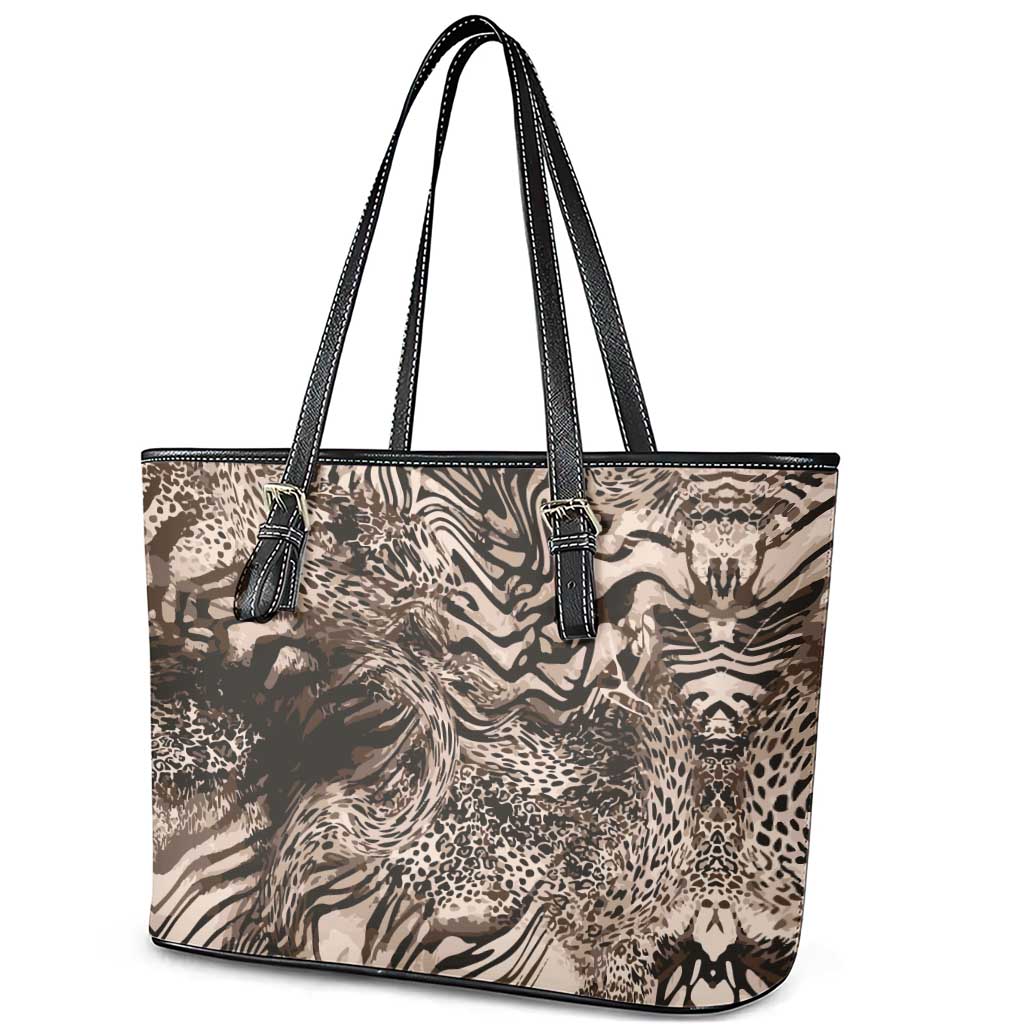 African Safari Zebra Leopard Swirl Pattern Leather Tote Bag