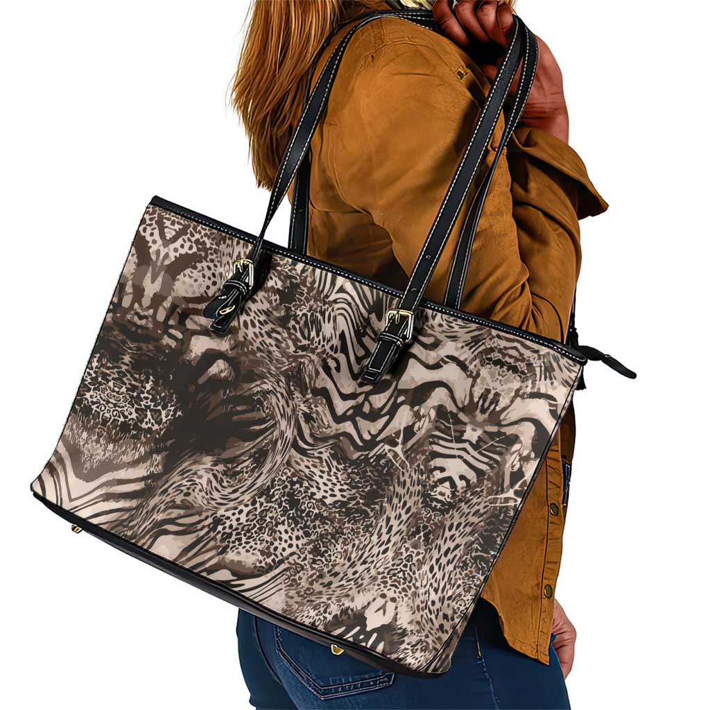 African Safari Zebra Leopard Swirl Pattern Leather Tote Bag