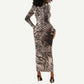 African Safari Zebra Leopard Swirl Pattern Long Sleeve Bodycon Dress