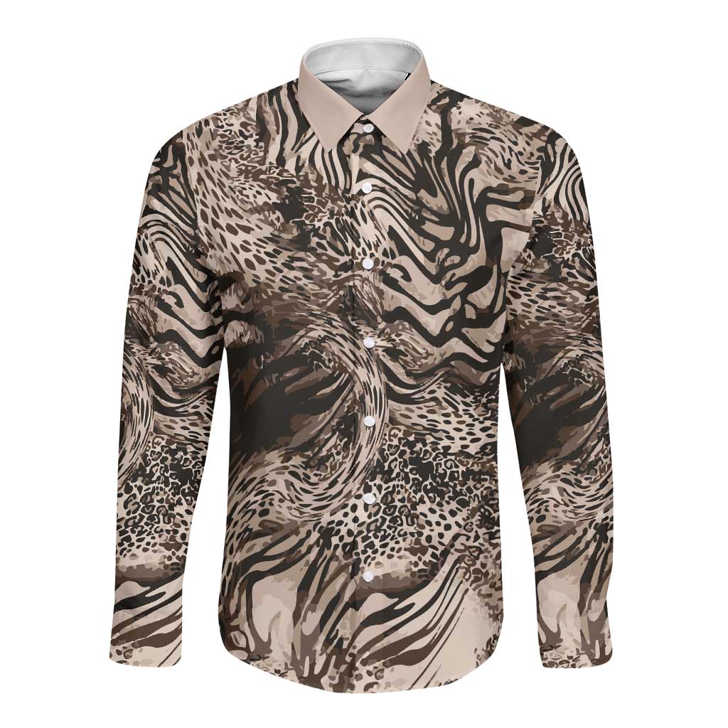 African Safari Zebra Leopard Swirl Pattern Long Sleeve Button Shirt