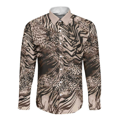 African Safari Zebra Leopard Swirl Pattern Long Sleeve Button Shirt