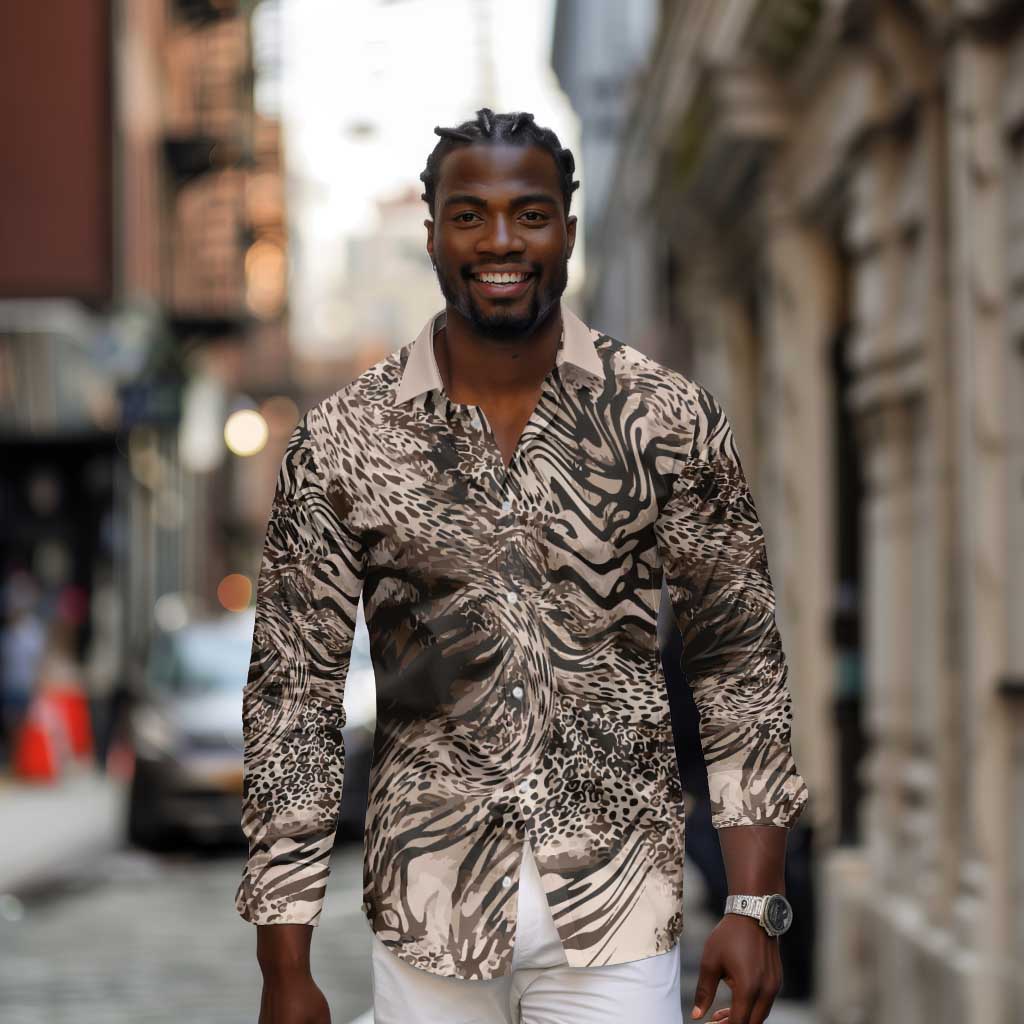 African Safari Zebra Leopard Swirl Pattern Long Sleeve Button Shirt