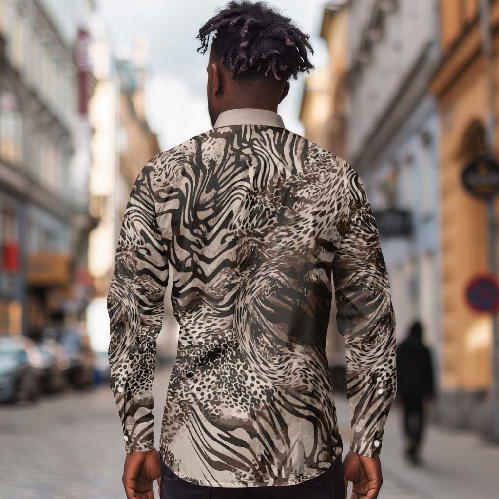 African Safari Zebra Leopard Swirl Pattern Long Sleeve Button Shirt