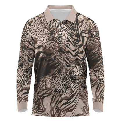 African Safari Zebra Leopard Swirl Pattern Long Sleeve Polo Shirt