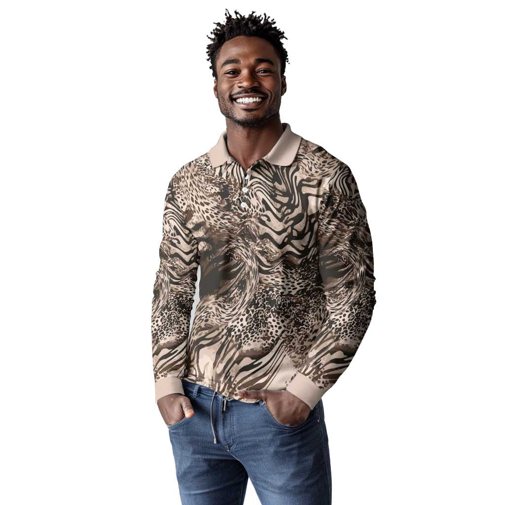 African Safari Zebra Leopard Swirl Pattern Long Sleeve Polo Shirt