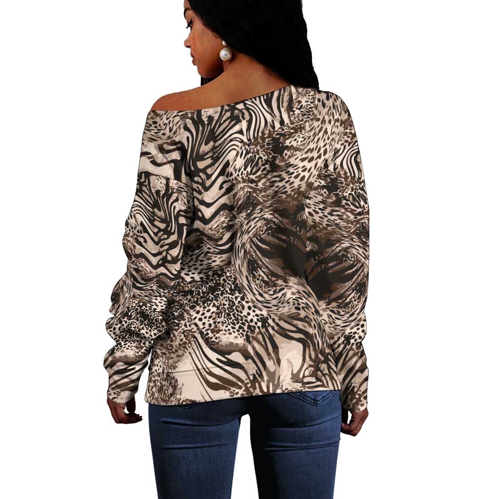 African Safari Zebra Leopard Swirl Pattern Off Shoulder Sweater