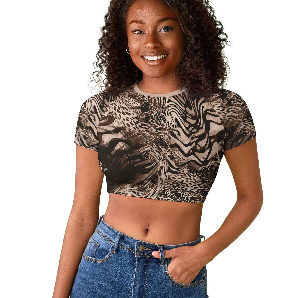 African Safari Zebra Leopard Swirl Pattern Raglan Cropped T shirt