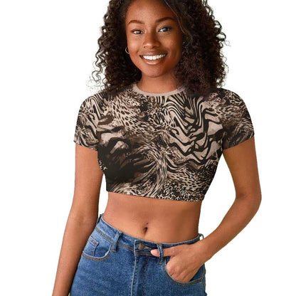 African Safari Zebra Leopard Swirl Pattern Raglan Cropped T shirt