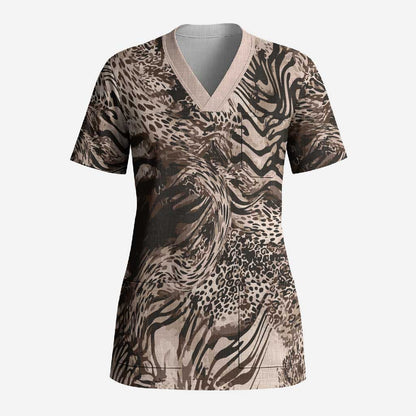 African Safari Zebra Leopard Swirl Pattern Scrub Top