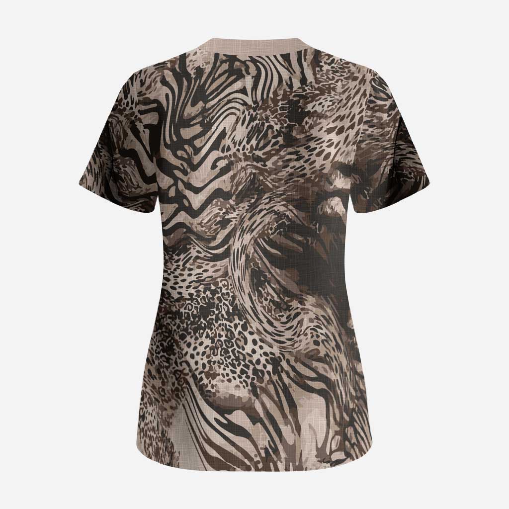 African Safari Zebra Leopard Swirl Pattern Scrub Top