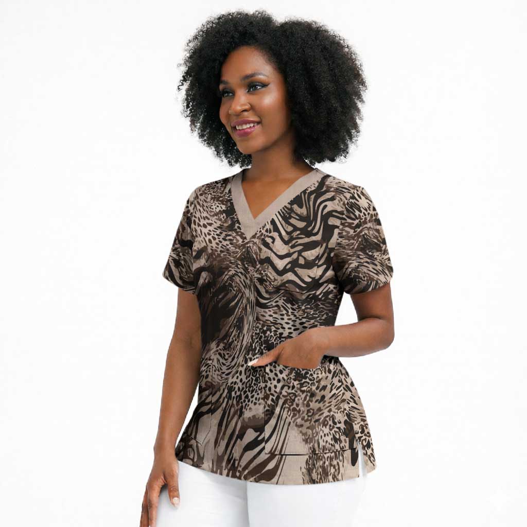 African Safari Zebra Leopard Swirl Pattern Scrub Top