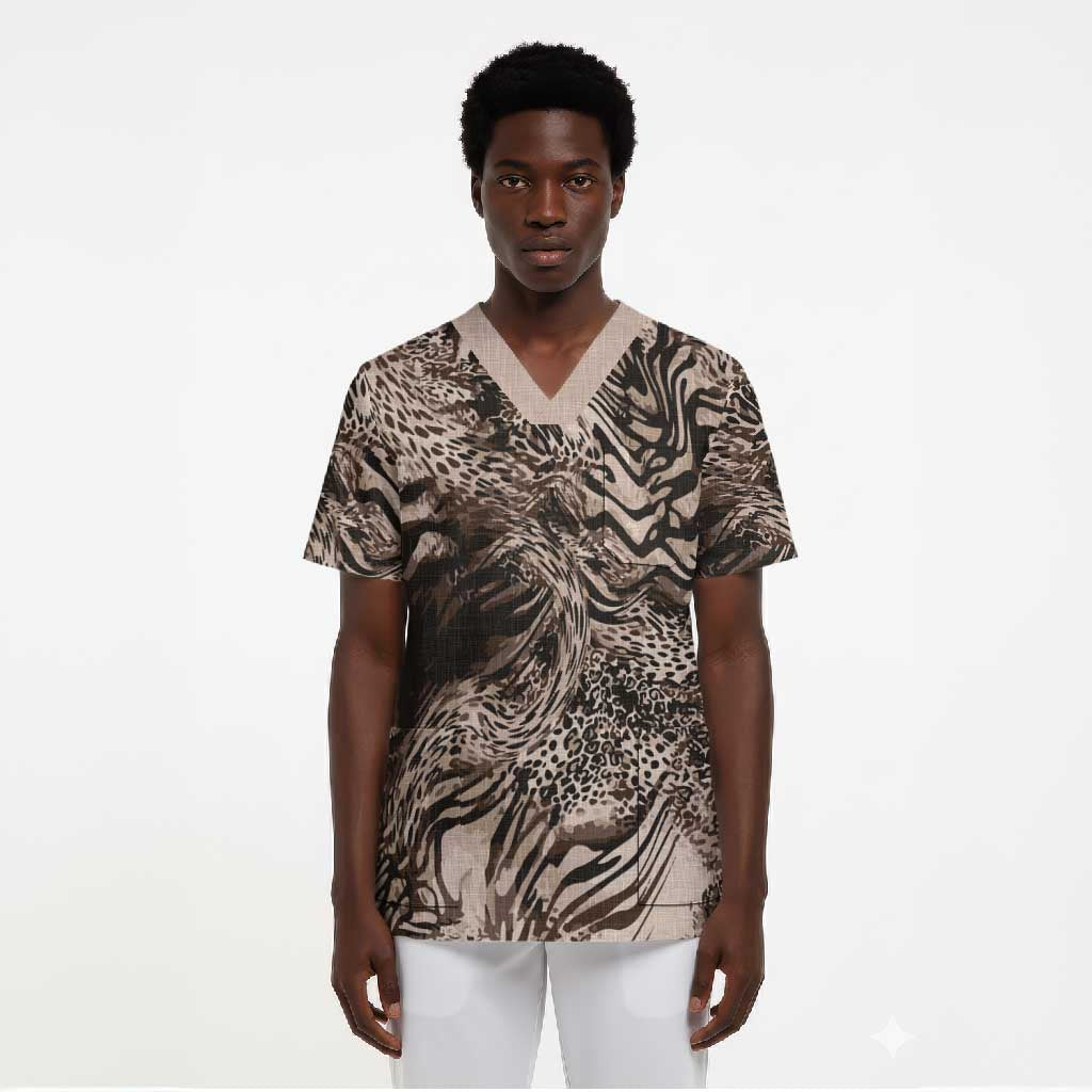 African Safari Zebra Leopard Swirl Pattern Scrub Top