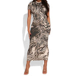 African Safari Zebra Leopard Swirl Pattern Short Sleeve Bodycon Dress