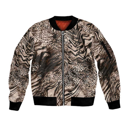 African Safari Zebra Leopard Swirl Pattern Sleeve Zip Bomber Jacket