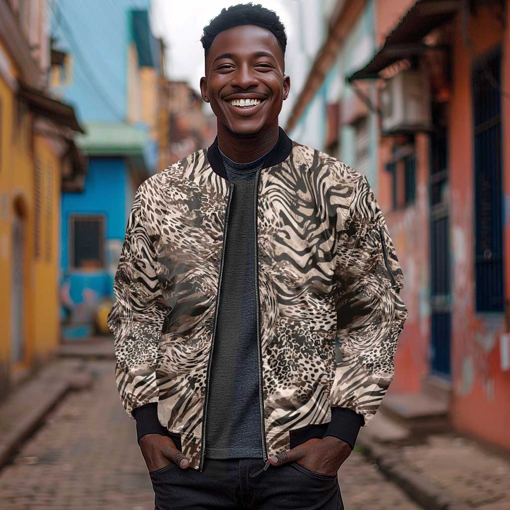 African Safari Zebra Leopard Swirl Pattern Sleeve Zip Bomber Jacket