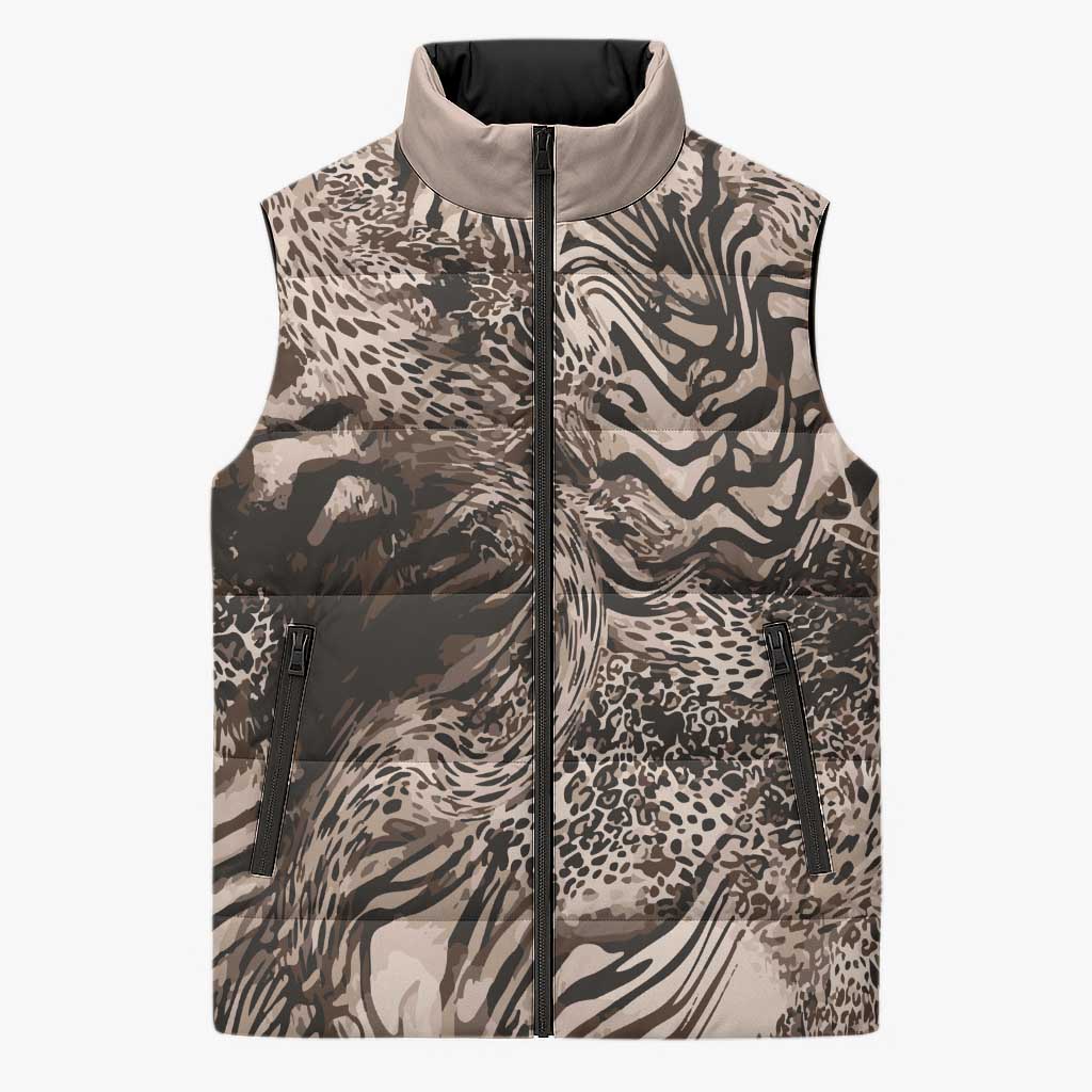 African Safari Zebra Leopard Swirl Pattern Sleeveless Puffer Jacket