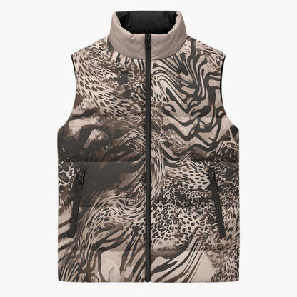 African Safari Zebra Leopard Swirl Pattern Sleeveless Puffer Jacket
