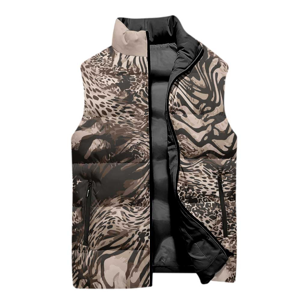 African Safari Zebra Leopard Swirl Pattern Sleeveless Puffer Jacket