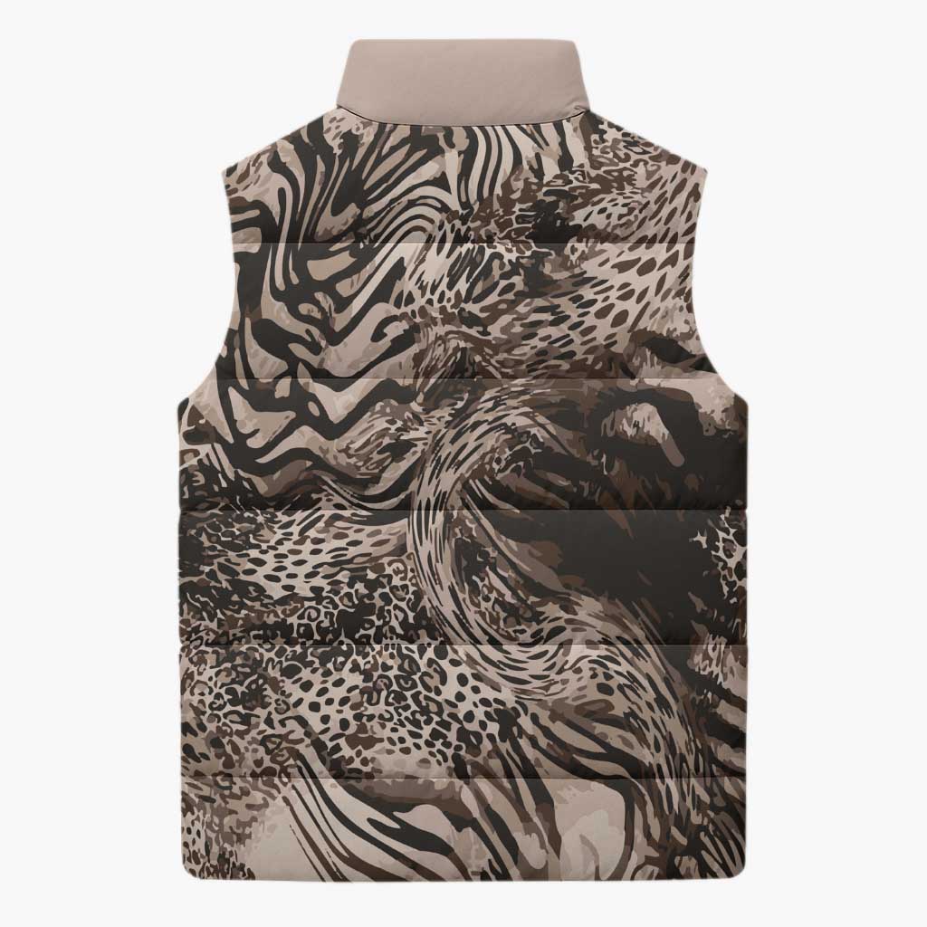 African Safari Zebra Leopard Swirl Pattern Sleeveless Puffer Jacket