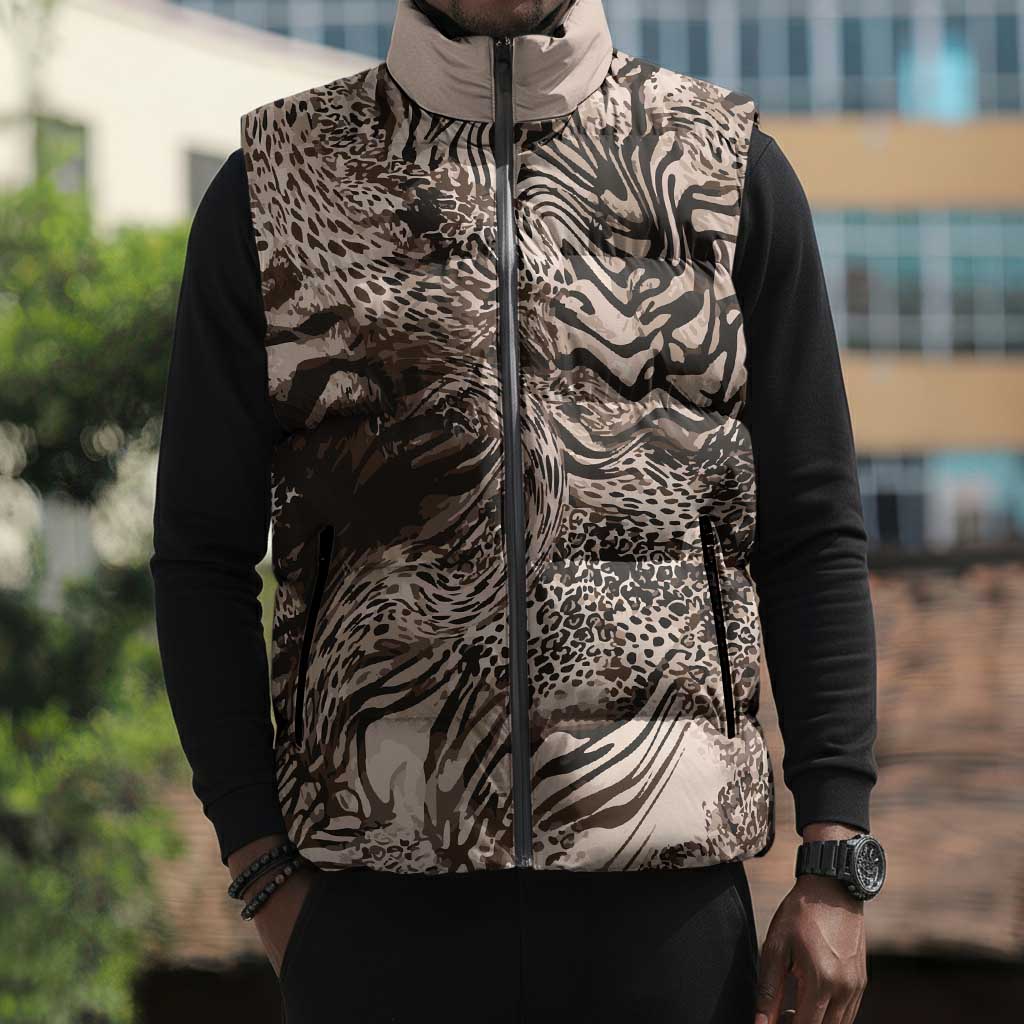 African Safari Zebra Leopard Swirl Pattern Sleeveless Puffer Jacket