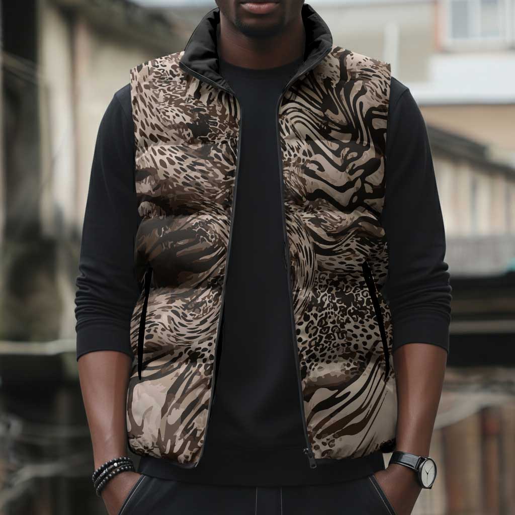African Safari Zebra Leopard Swirl Pattern Sleeveless Puffer Jacket