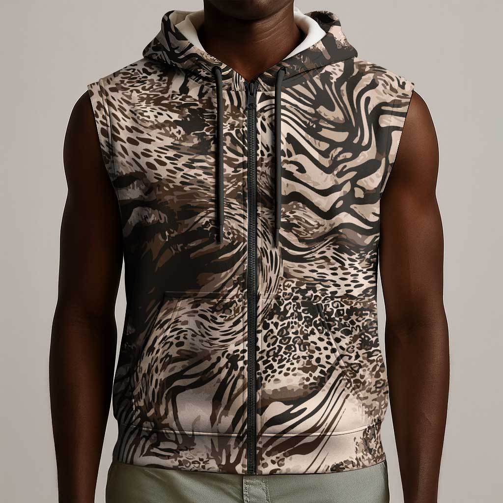 African Safari Zebra Leopard Swirl Pattern Sleeveless Zip Hoodie