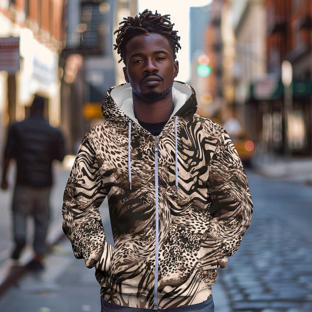 African Safari Zebra Leopard Swirl Pattern Zip Hoodie