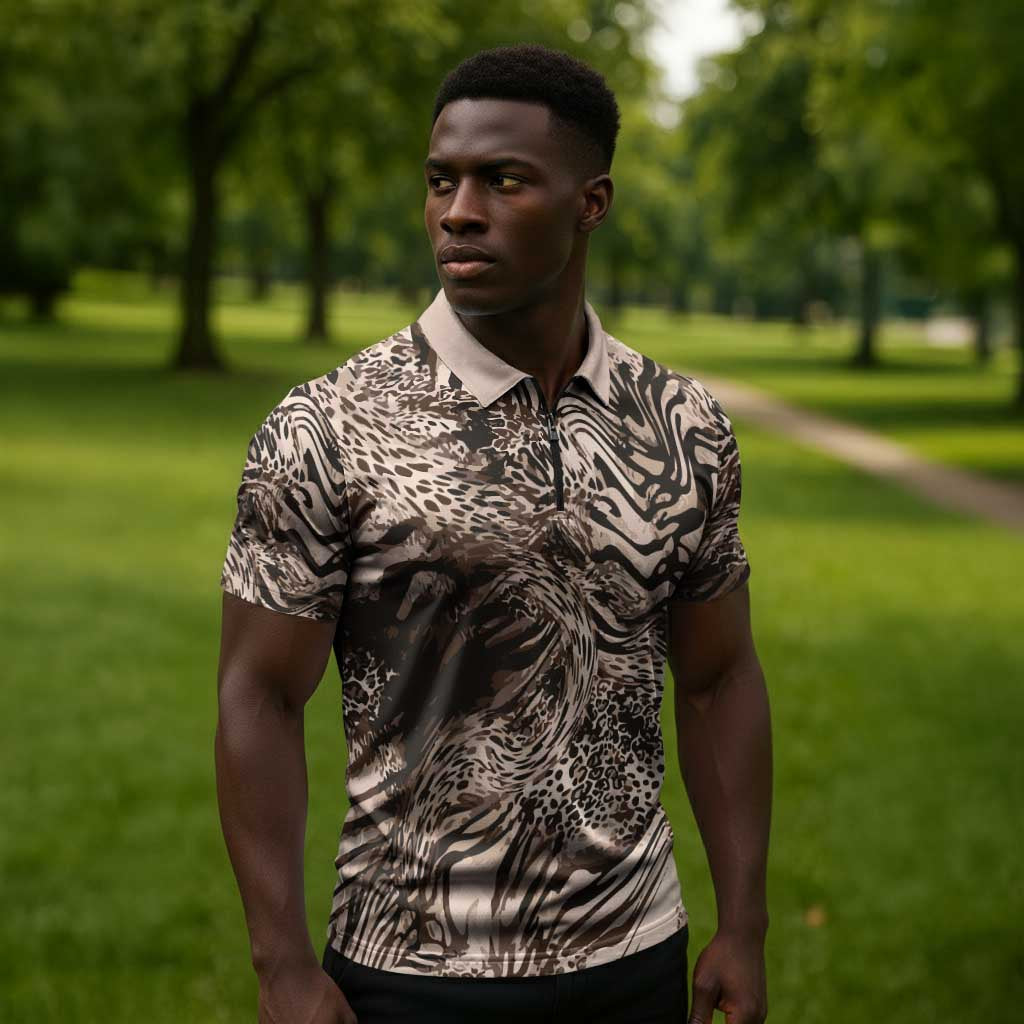 African Safari Zebra Leopard Swirl Pattern Zipper Polo Shirt