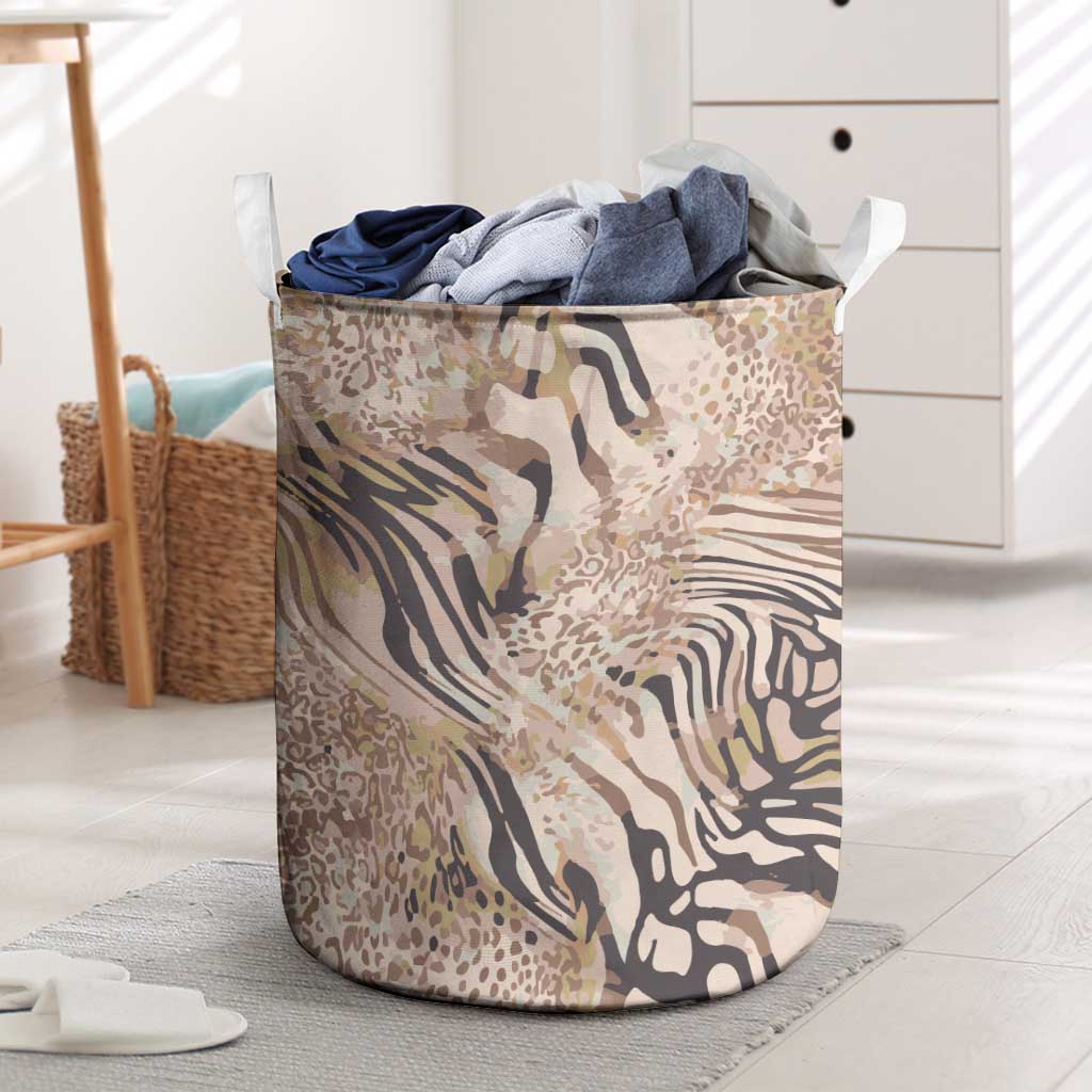 African Zebra Leopard Pattern Laundry Basket Sand Taupe Beige