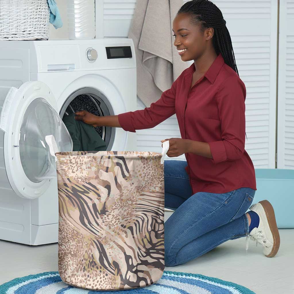 African Zebra Leopard Pattern Laundry Basket Sand Taupe Beige