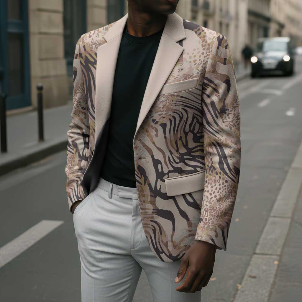 African Zebra Leopard Pattern Blazer Sand Taupe Beige