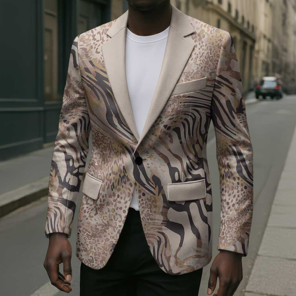 African Zebra Leopard Pattern Blazer Sand Taupe Beige