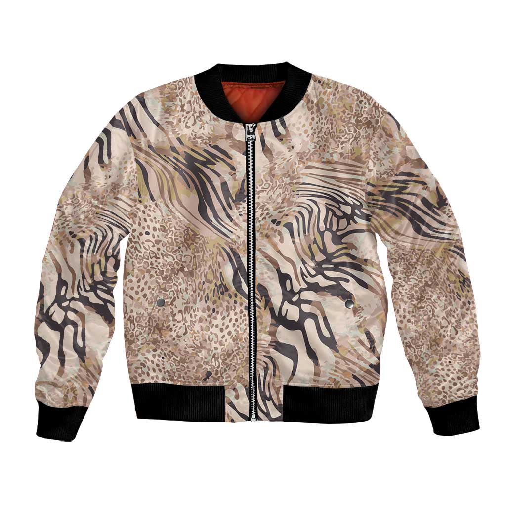 African Zebra Leopard Pattern Bomber Jacket Sand Taupe Beige