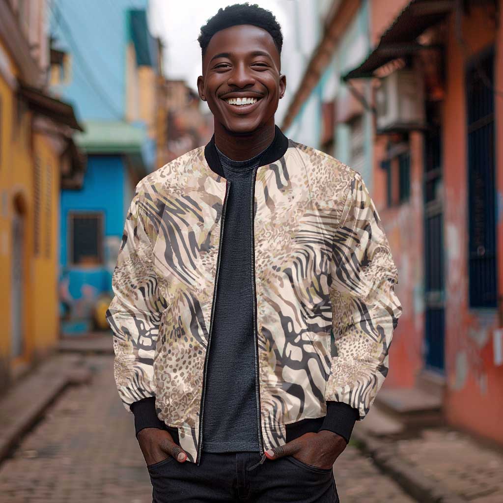 African Zebra Leopard Pattern Bomber Jacket Sand Taupe Beige