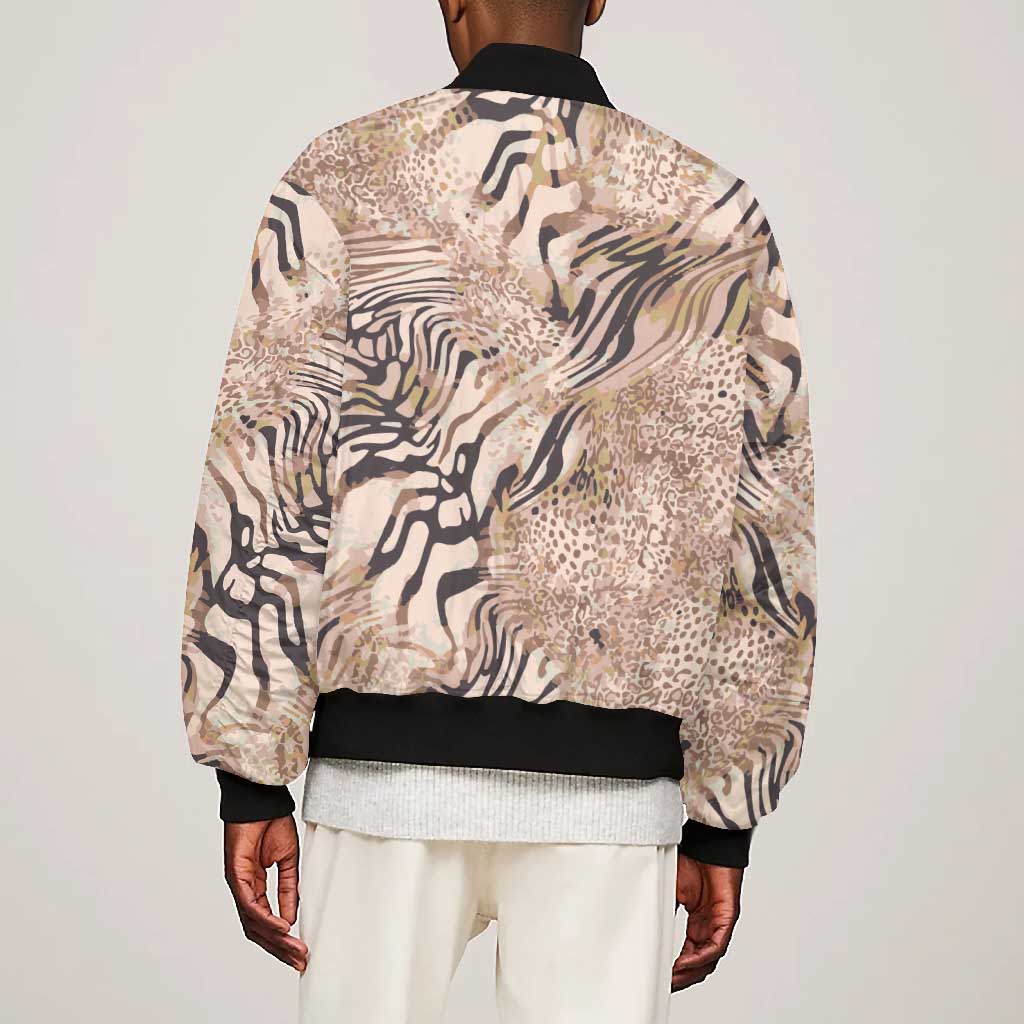 African Zebra Leopard Pattern Bomber Jacket Sand Taupe Beige