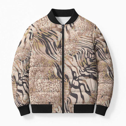 African Zebra Leopard Pattern Bomber Puffer Jacket Sand Taupe Beige