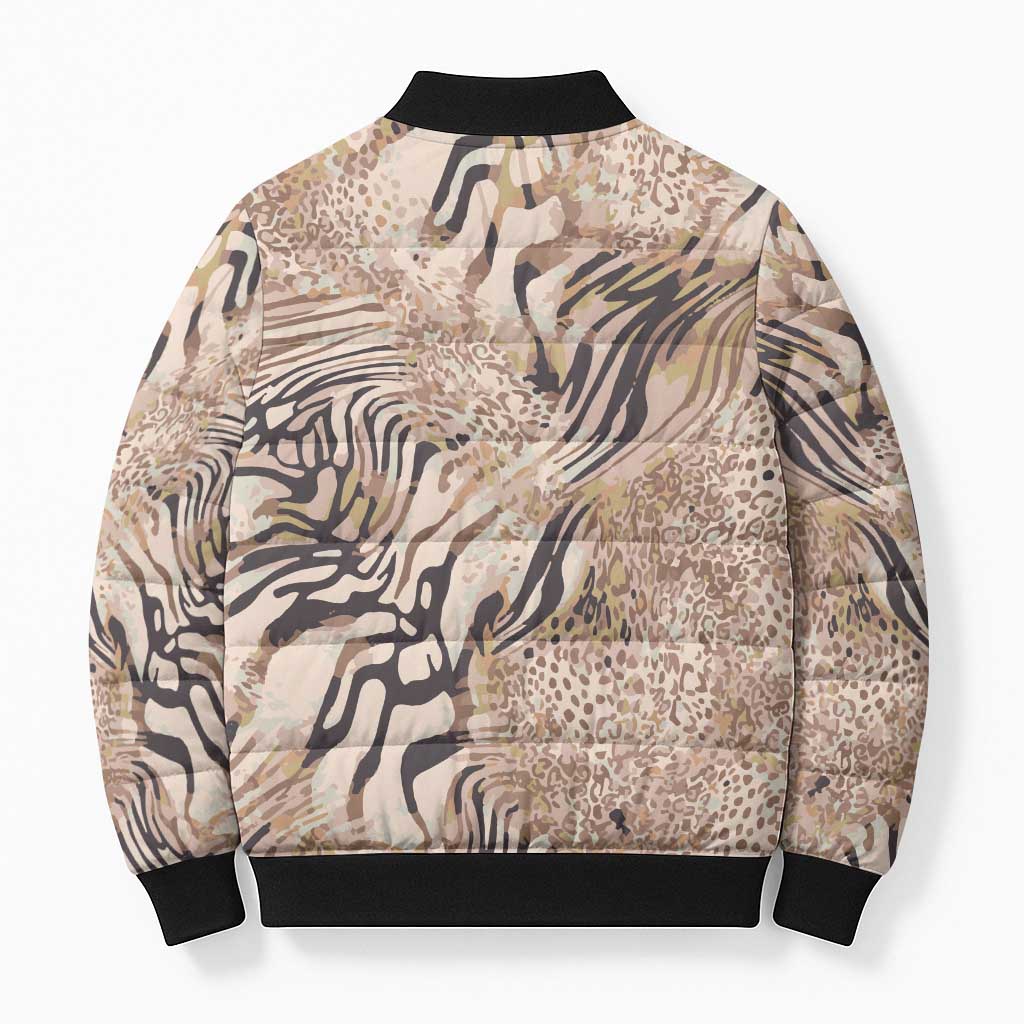 African Zebra Leopard Pattern Bomber Puffer Jacket Sand Taupe Beige