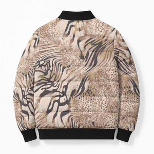 African Zebra Leopard Pattern Bomber Puffer Jacket Sand Taupe Beige