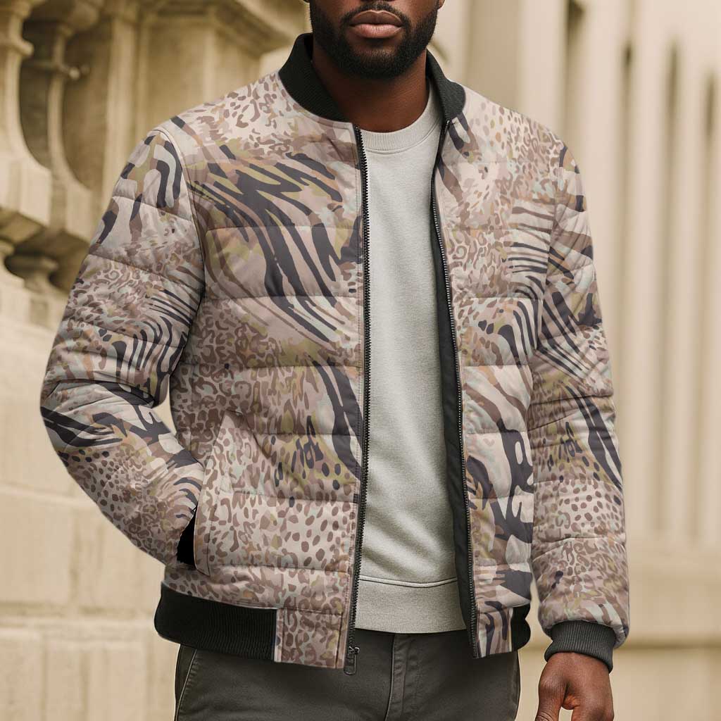 African Zebra Leopard Pattern Bomber Puffer Jacket Sand Taupe Beige