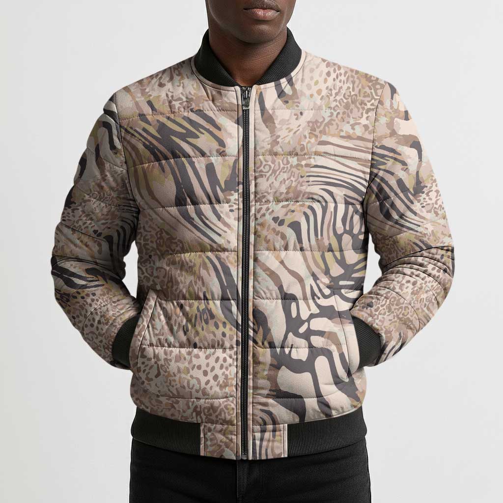 African Zebra Leopard Pattern Bomber Puffer Jacket Sand Taupe Beige