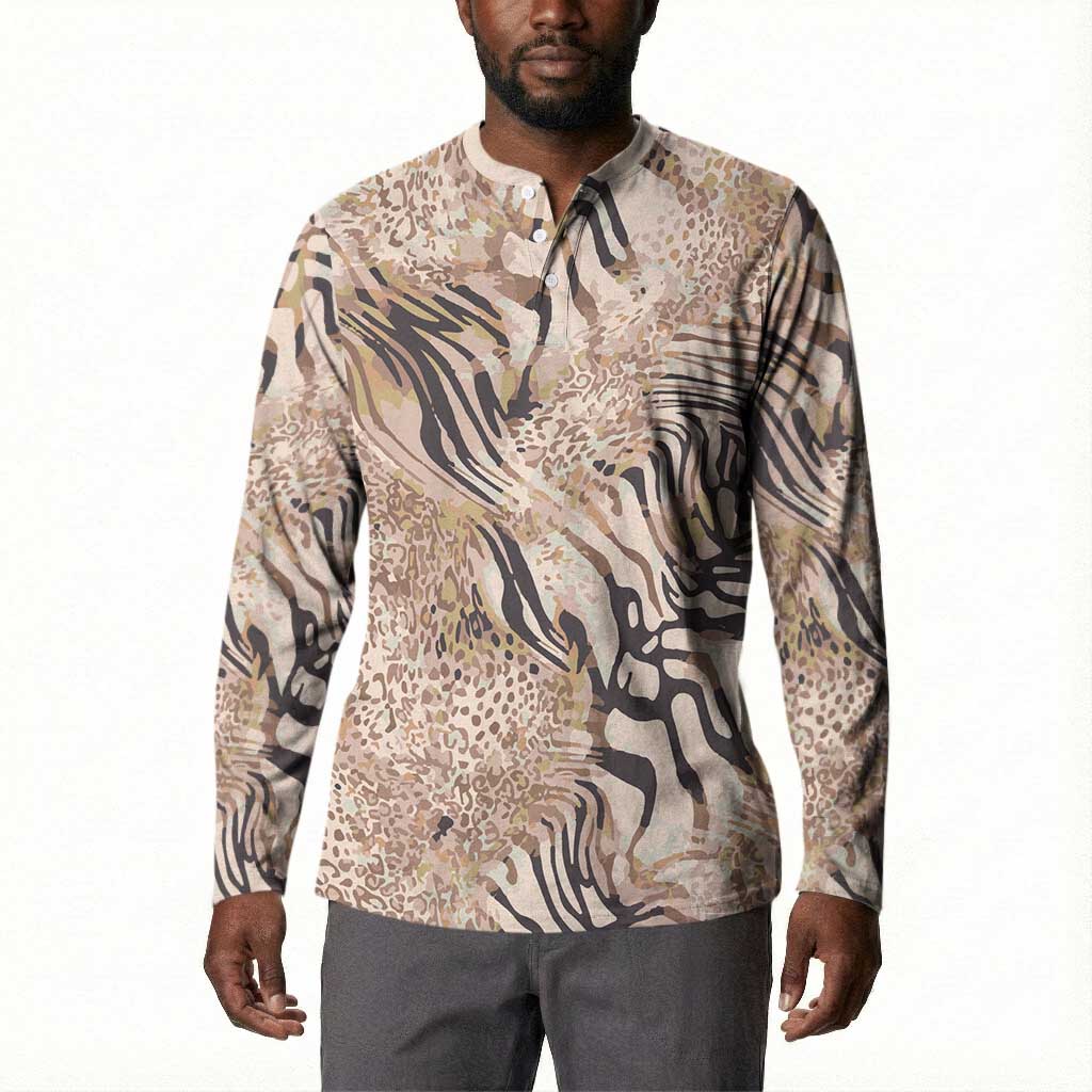 African Zebra Leopard Pattern Button Sweatshirt Sand Taupe Beige