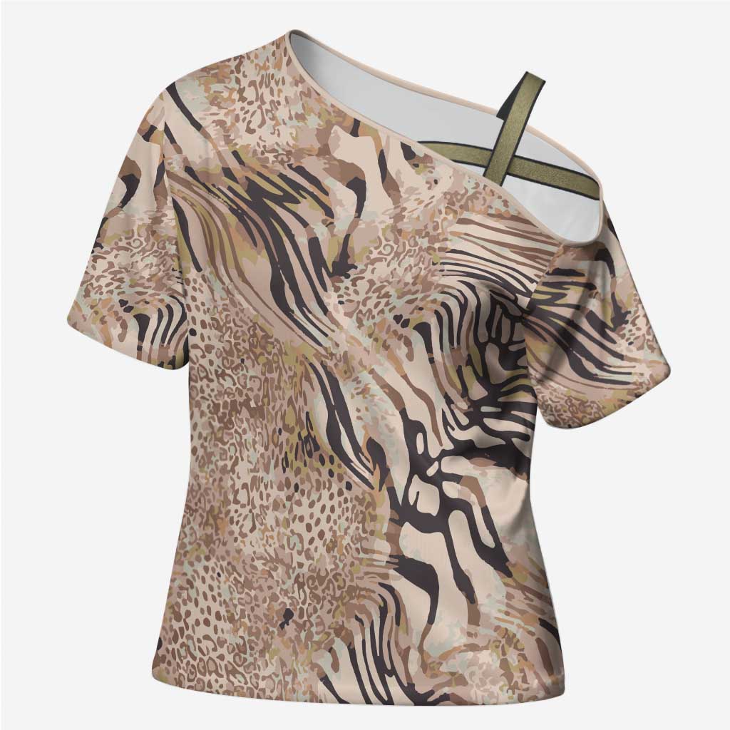 African Zebra Leopard Pattern Cross Shoulder Shirt Sand Taupe Beige